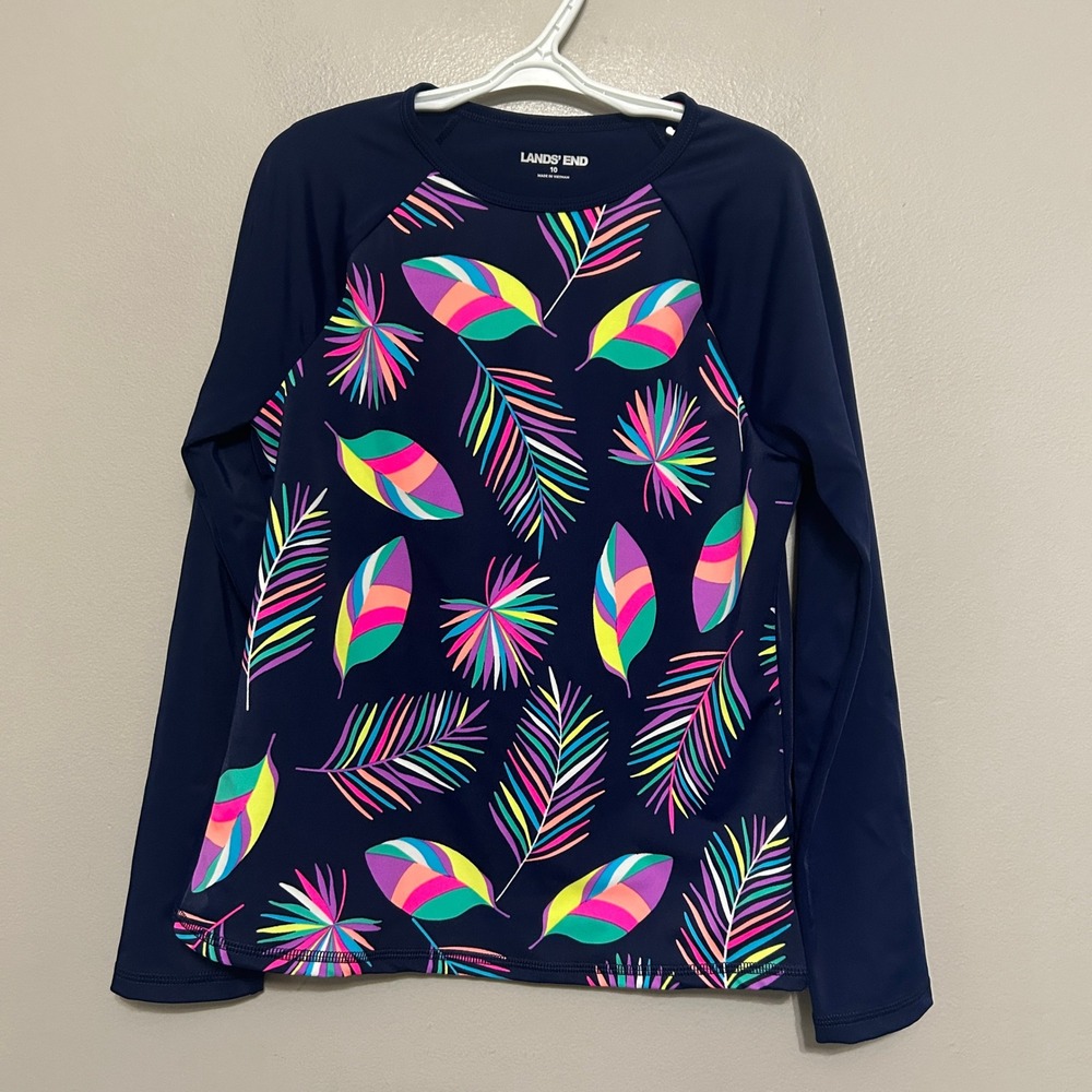 Lands' End Rash Guard Kids 10 Navy Blue Tropical Palm Long Sleeve Sun Protection